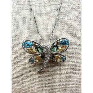 Designer Sterling Silver Blue Topaz Citrine Gemstone Butterfly Pendant Necklace